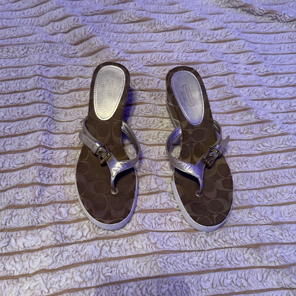 Coach Brown Signature Thong Sandals with Metallic Silver Straps